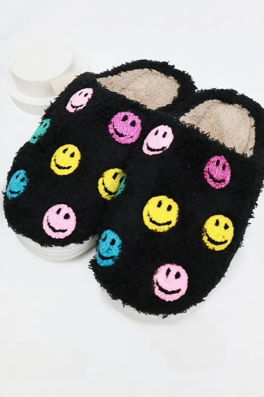 Smiley Face Fuzzy Fleece Soft Slipper - White or Black