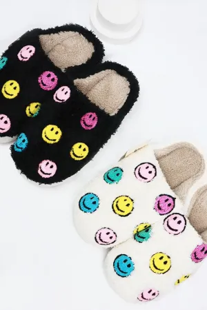 Smiley Face Fuzzy Fleece Soft Slipper - White or Black