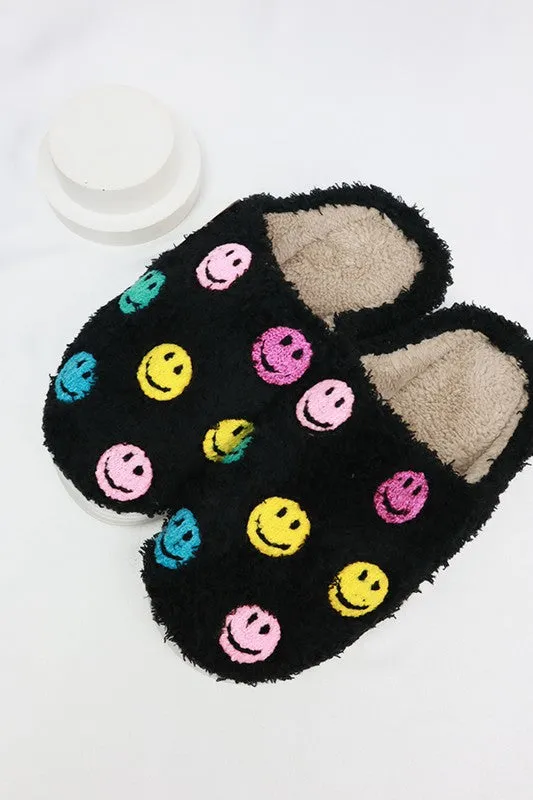Smiley Face Fuzzy Fleece Soft Slipper - White or Black