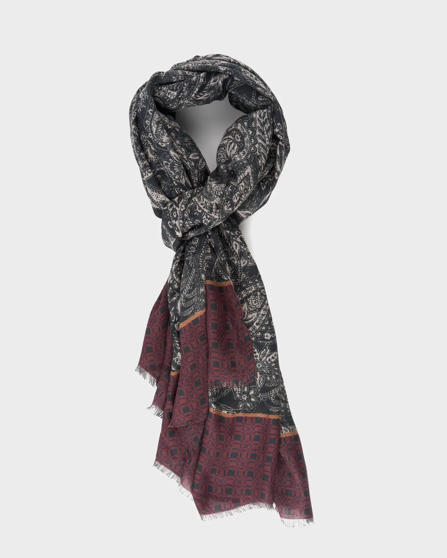 Steel Blue And Burgundy Paisley Print Modal Scarf