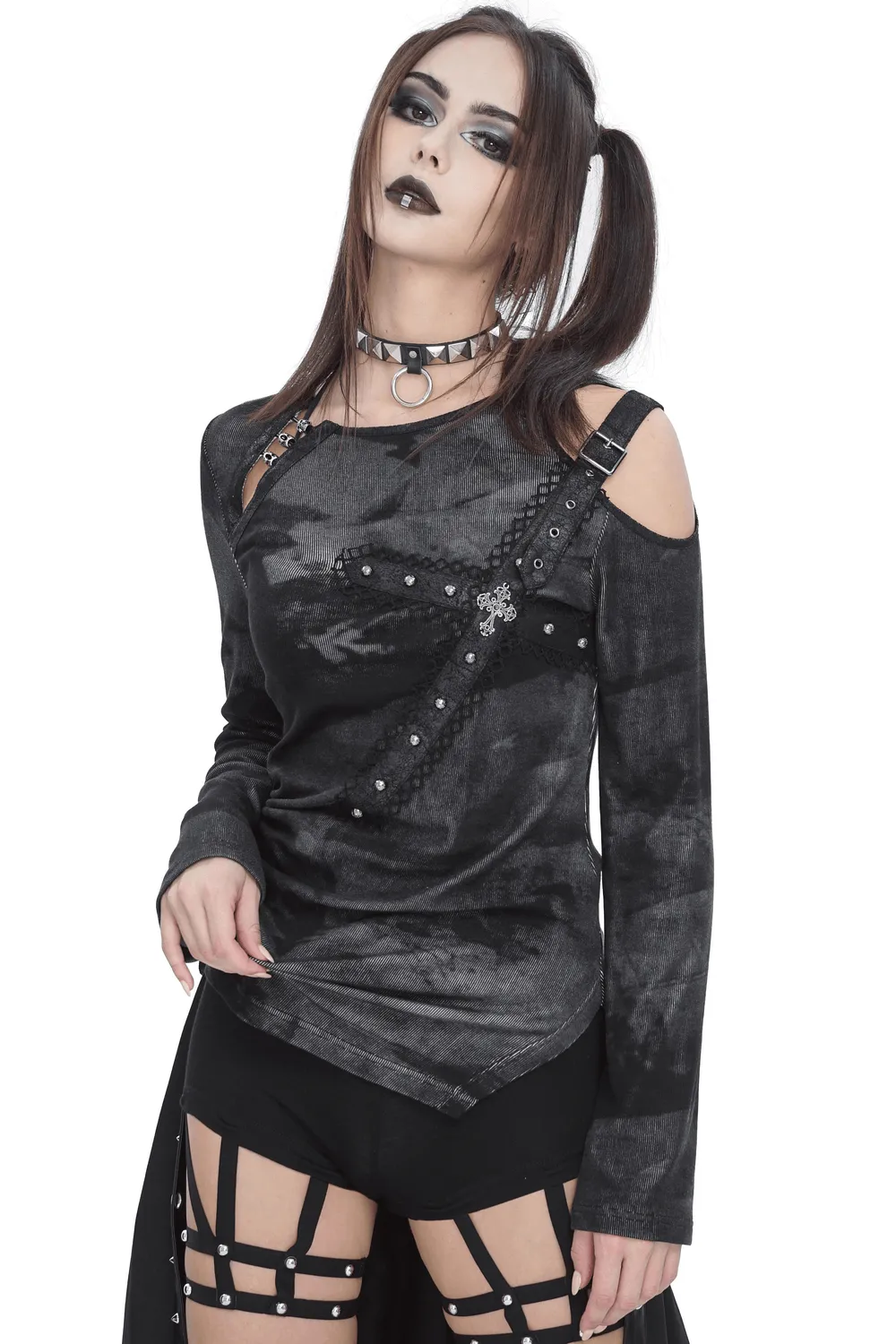 Stylish Long Sleeves Asymmetric Top with Buckle Detail