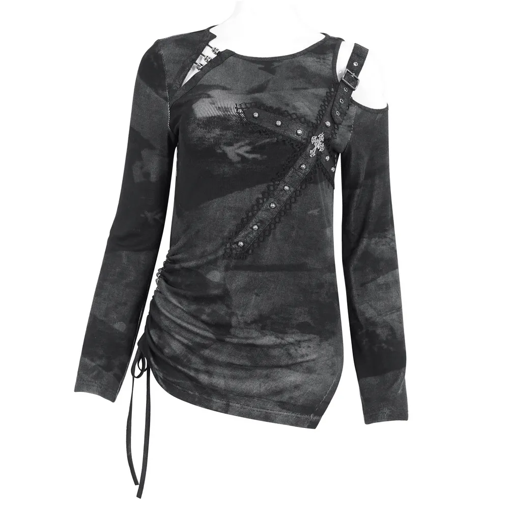 Stylish Long Sleeves Asymmetric Top with Buckle Detail