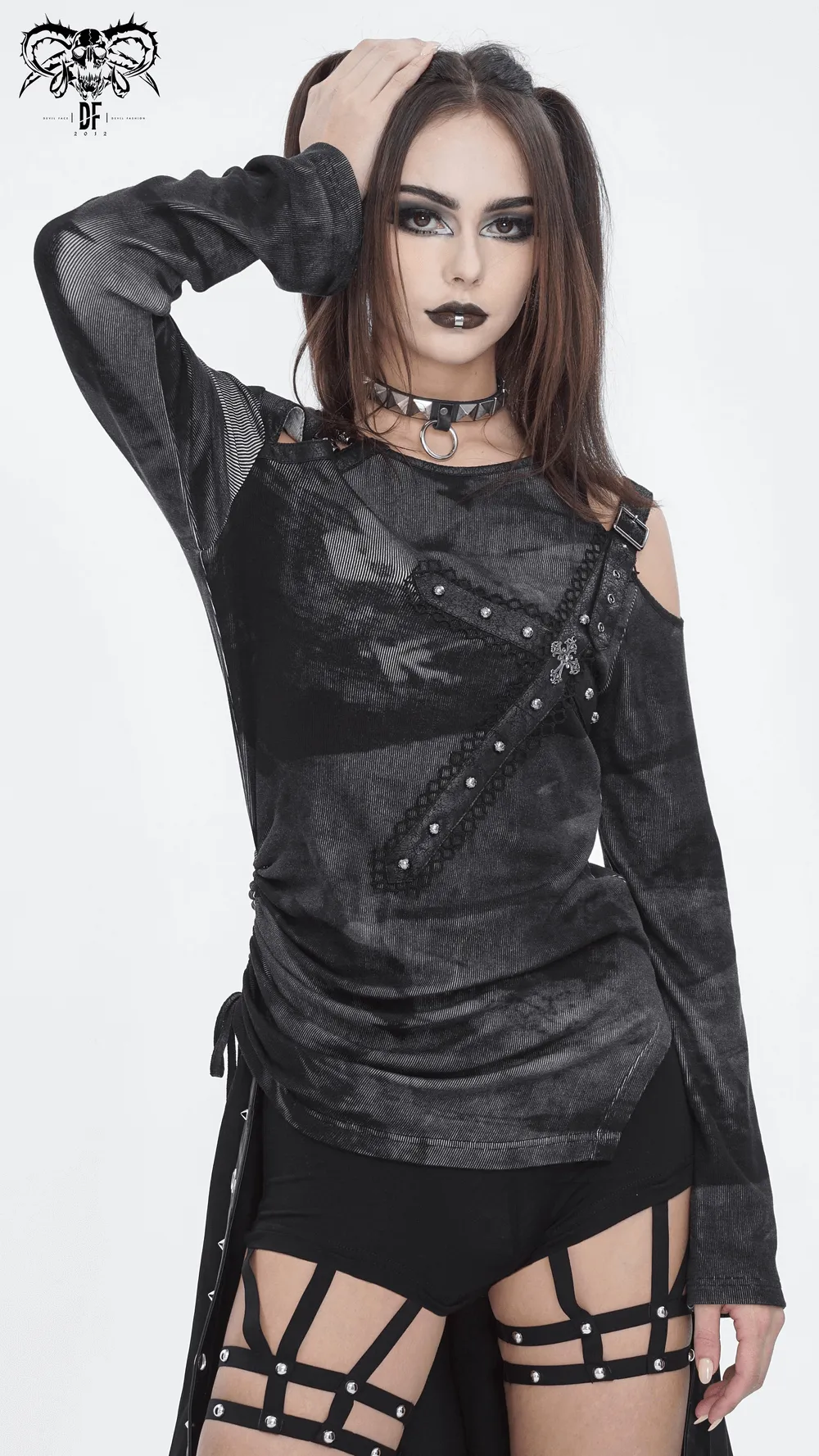 Stylish Long Sleeves Asymmetric Top with Buckle Detail