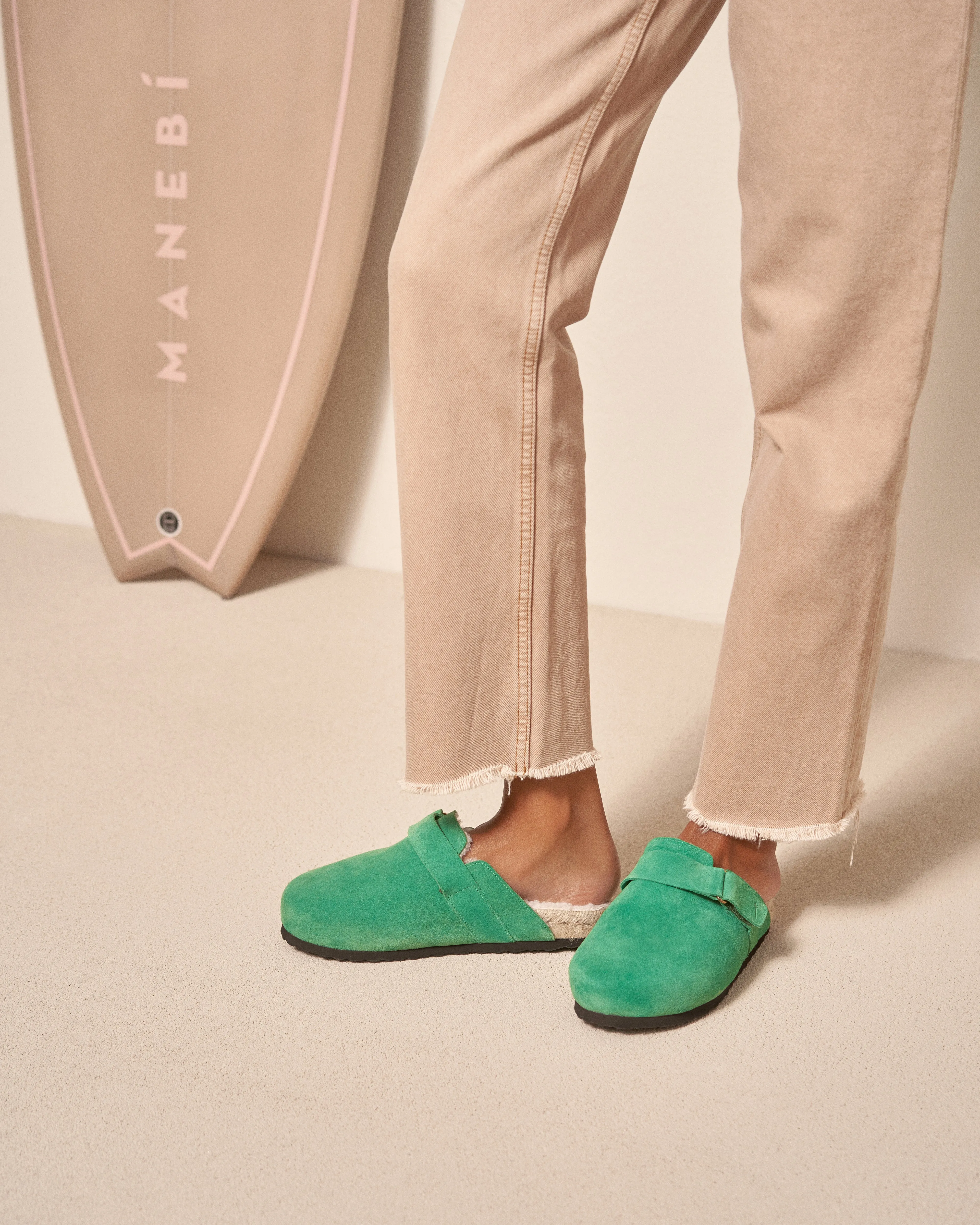 Suede With Faux Fur Clog Mules - R35BF - Cortina Palm Green