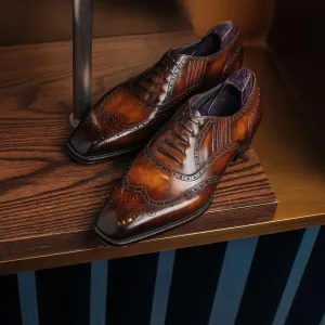 Tan Leather Huelva Brogue Wingtip Slip On Oxford Shoes - AW24