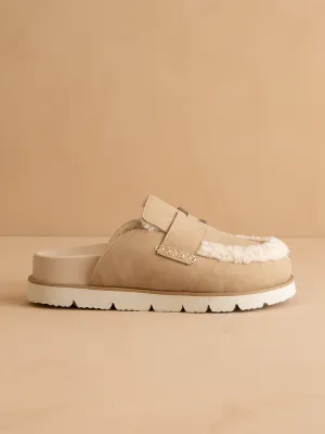 The Avalon | Khaki Suede Shearling Cozy Loafer Mule