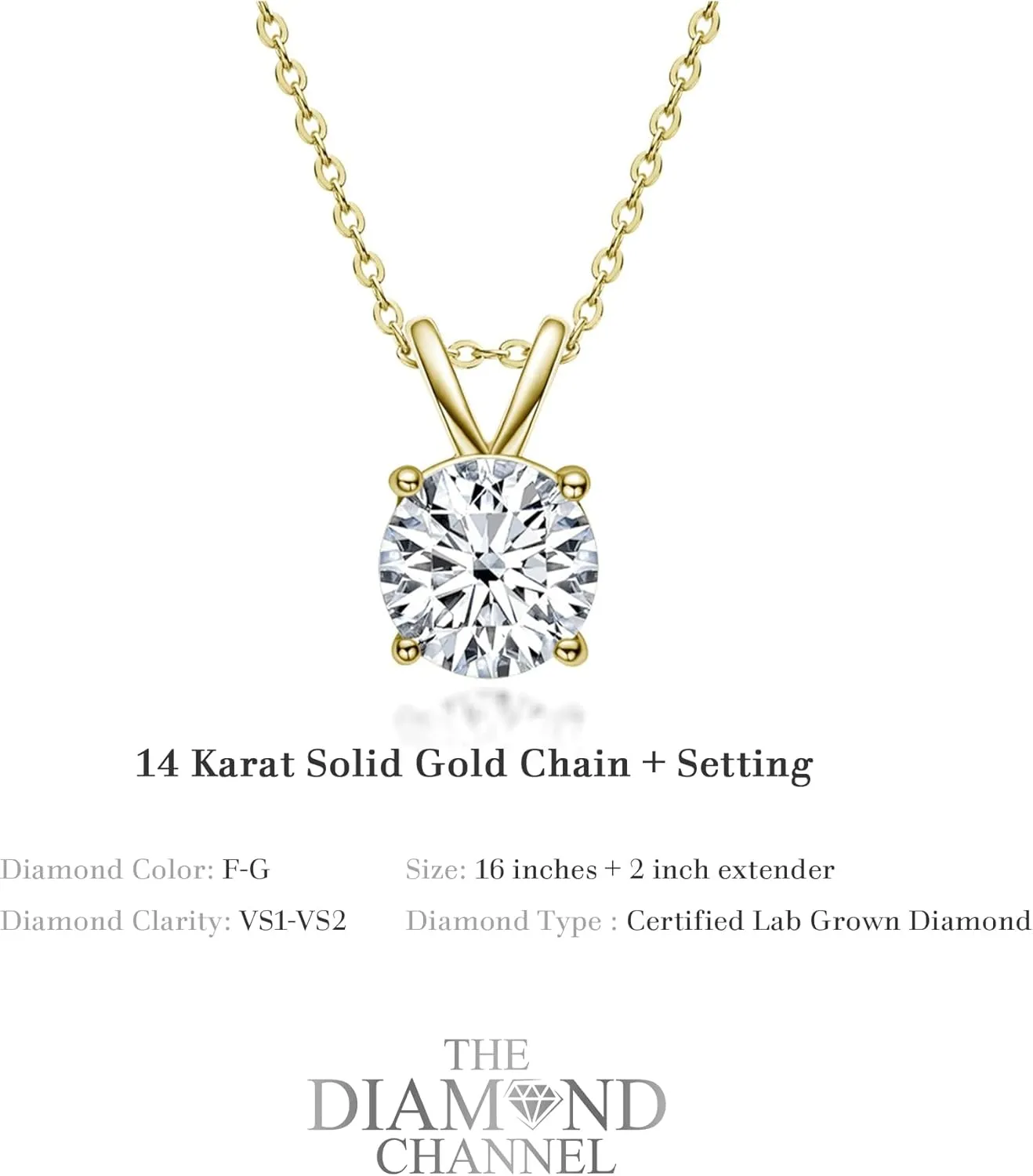 The Diamond Channel Certified LAB GROWN 0.25-2.00ct Diamond Necklace for Women, 14 Karat Solid Gold 4-Prong Diamond Necklace, Gold Diamond Necklace For Women (F-G Color, VS1-VS2 Clarity)