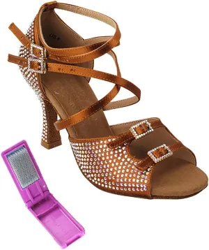 Very Fine Dance Shoes - Ladies Latin, Rhythm, Salsa, Waltz Ballroom Dance Shoes - S1004CC - 3-inch Heel and Foldable Brush Bundle - Copper Tan Satin - 7.5