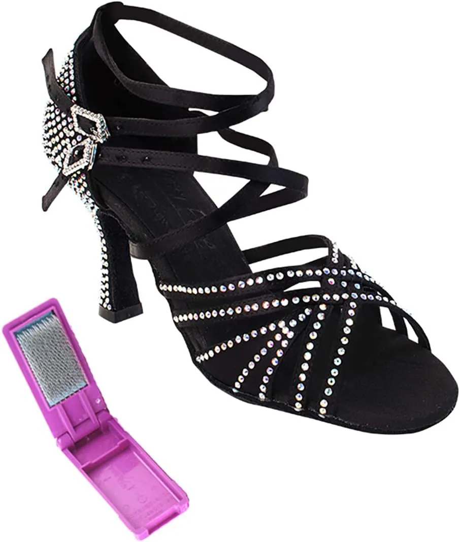 Very Fine Dance Shoes - Ladies Latin, Rhythm, Salsa, Waltz Ballroom Dance Shoes - S1006CC - 3-inch Heel and Foldable Brush Bundle - Black Satin - 8.5