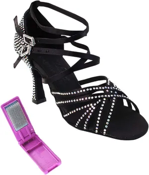 Very Fine Dance Shoes - Ladies Latin, Rhythm, Salsa, Waltz Ballroom Dance Shoes - S1006CC - 3-inch Heel and Foldable Brush Bundle - Black Satin - 8.5
