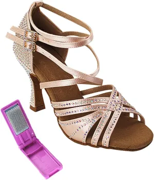 Very Fine Dance Shoes - Ladies Latin, Rhythm, Salsa, Waltz Ballroom Dance Shoes - S1006CC - 3-inch Heel and Foldable Brush Bundle - Flesh Satin - 5