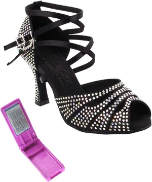 Very Fine Dance Shoes - Ladies Latin, Rhythm, Salsa, Waltz Ballroom Dance Shoes - S1007CC - 2.5-inch Heel and Foldable Brush Bundle - Black Satin - 6