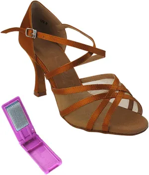 Very Fine Dance Shoes - Ladies Latin, Rhythm, Salsa, Waltz Ballroom Dance Shoes - SERA1605-3-inch Heel and Foldable Brush Bundle - Dark Tan Satin - Flesh Mesh - 7.5