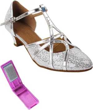 Very Fine Dance Shoes - Ladies Practice, Cuban Low Heel, Waltz Ballroom Dance Shoes - SERA3541-1.2-inch Heel and Foldable Brush Bundle - Silver Scale - Silver Trim - 8
