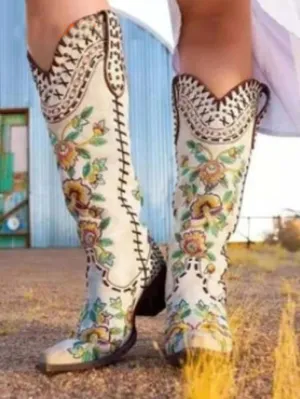 Western Embroidered Cowgirl Boots Vintage Westren Boots Square Toe Mid-calf Chunky Heels Autumn