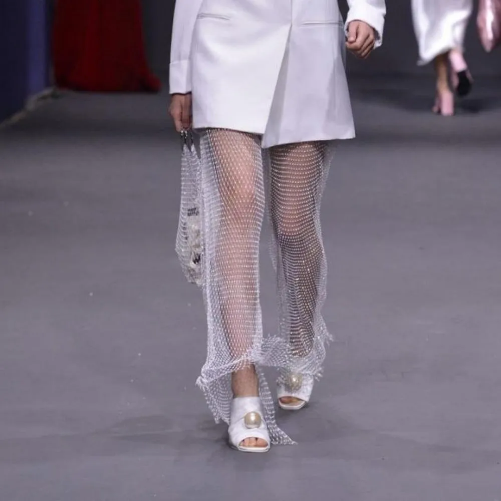 women fishnet trousers white dark crystal diamond shiny nightout pant ✈️ free.shipping
