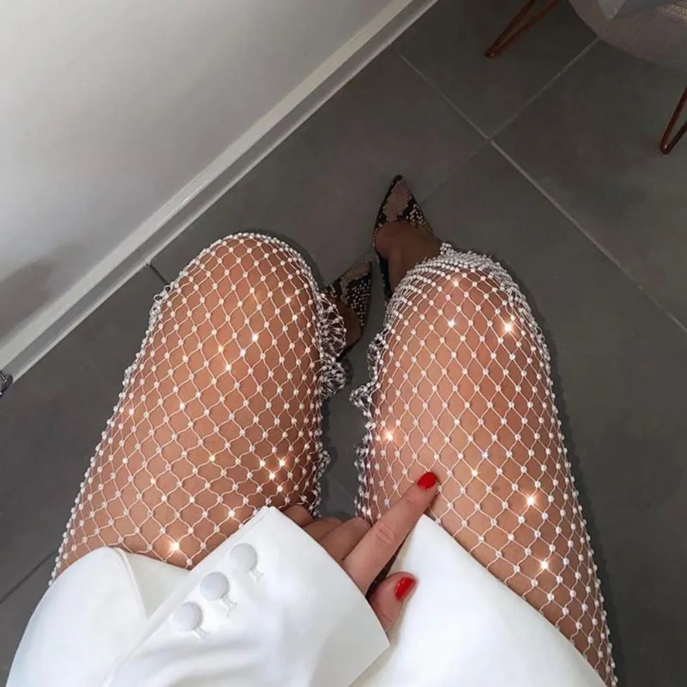 women fishnet trousers white dark crystal diamond shiny nightout pant ✈️ free.shipping
