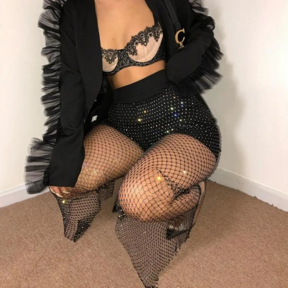women fishnet trousers white dark crystal diamond shiny nightout pant ✈️ free.shipping