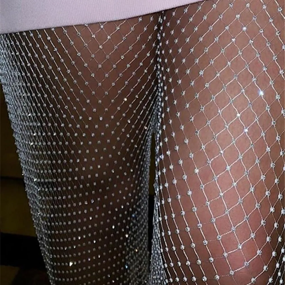 women fishnet trousers white dark crystal diamond shiny nightout pant ✈️ free.shipping