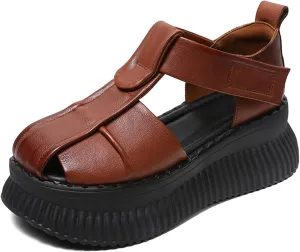 Women's Closed Toe Ankle Strap Hollow Out Gladiator Flat Sandal with Adjustable Hook and Loop Fashion Round Toe Comfortable Platform Walking Sandals
