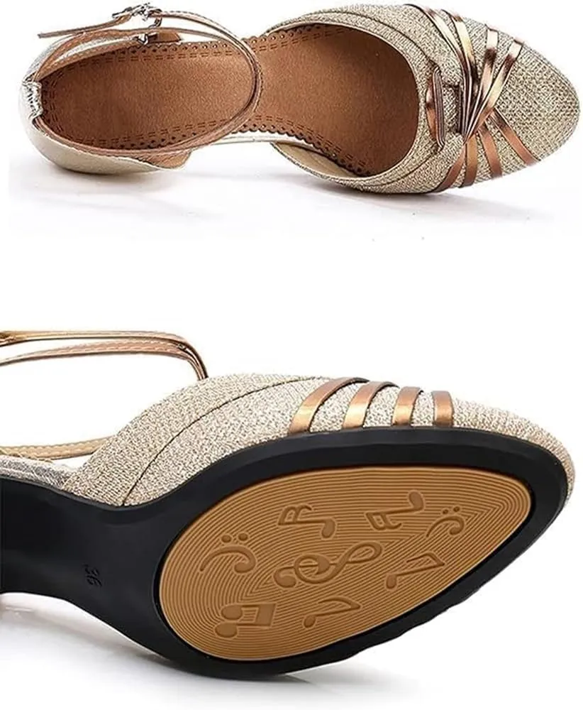 Women's Shoes with Closed Toe Dancing Shoes,Fashion Sequins Widen High Heels Latins Dance Shoes Ballroom Shoes Non Slip Rubber Sandals