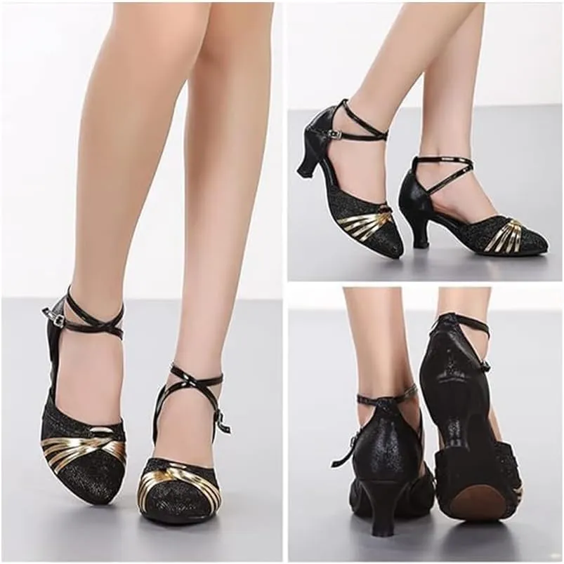 Women's Shoes with Closed Toe Dancing Shoes,Fashion Sequins Widen High Heels Latins Dance Shoes Ballroom Shoes Non Slip Rubber Sandals