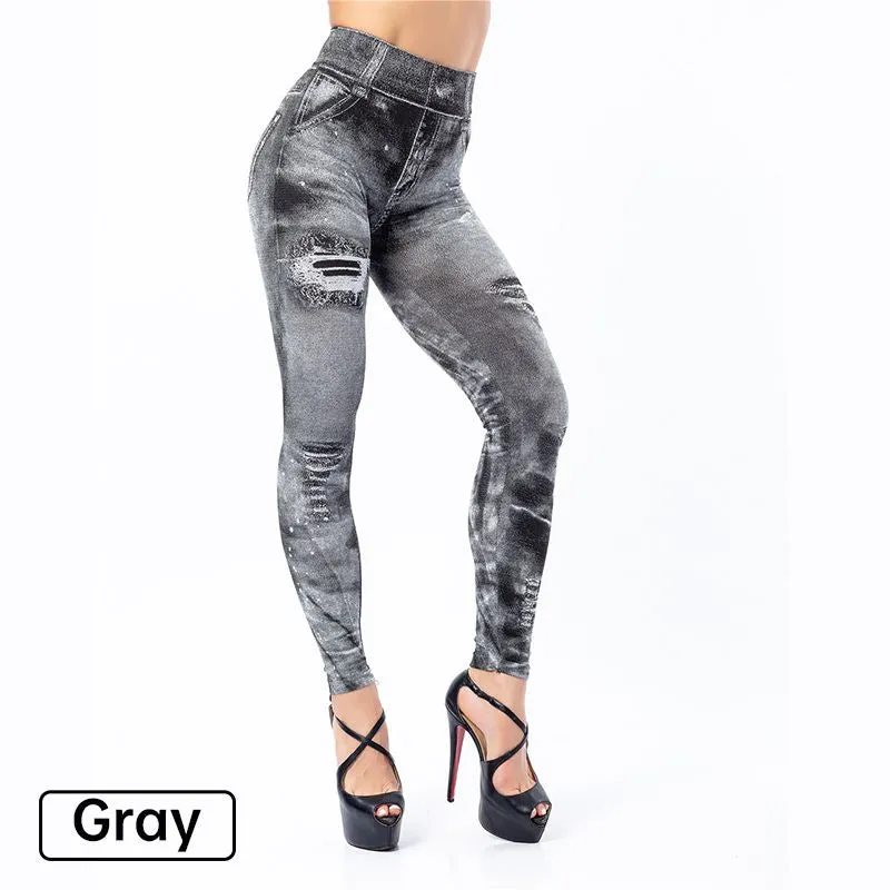Women’s Stretch Fake Ripped Denim Jacquard Legging Pants
