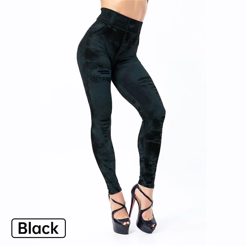 Women’s Stretch Fake Ripped Denim Jacquard Legging Pants