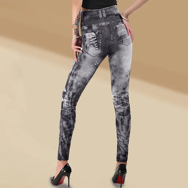 Women’s Stretch Fake Ripped Denim Jacquard Legging Pants